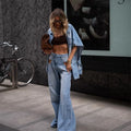 Chic Women's Irregular Denim Coats and Wide Leg Jeans Set