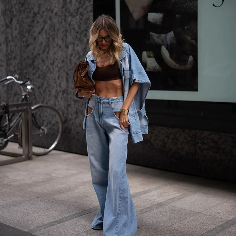 Chic Women's Irregular Denim Coats and Wide Leg Jeans Set