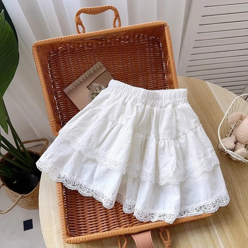 SUMWADI Girls' White Lace Pleated Skirt for Summer 4-6Y