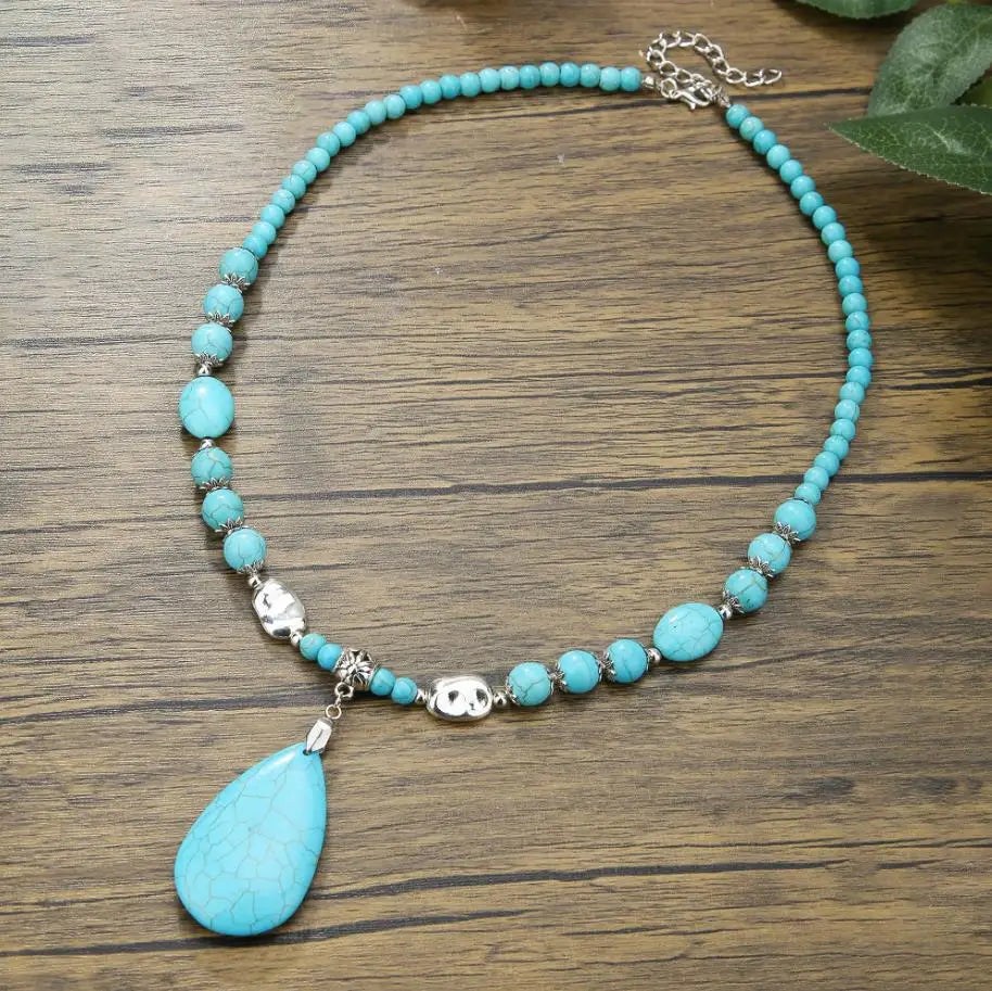 Elegant Turquoise Beaded Necklace for Women with Teardrop Pendant