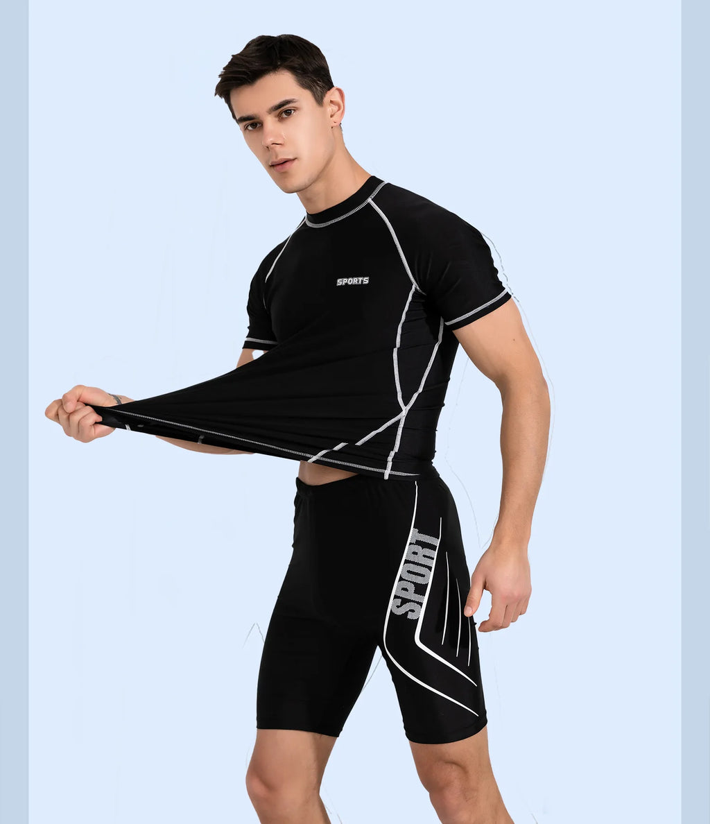Men's Polyester Swimwear Set with Tight Elastic Shorts and Shirt
