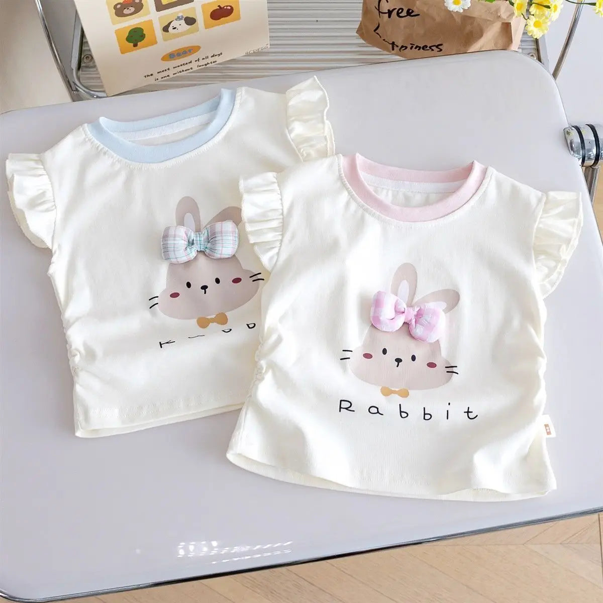 Cute Cartoon Summer Short-Sleeve Tops for Girls in Blue and Pink