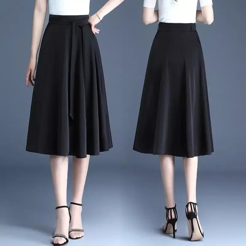 Cotton Blend A-Line Midi Skirt for Women with Lace-Up Detail