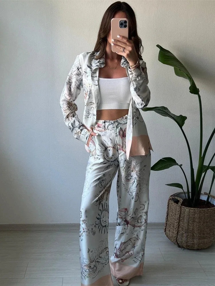 Elegant Print Long Sleeve Shirt and Wide Leg Pants Set