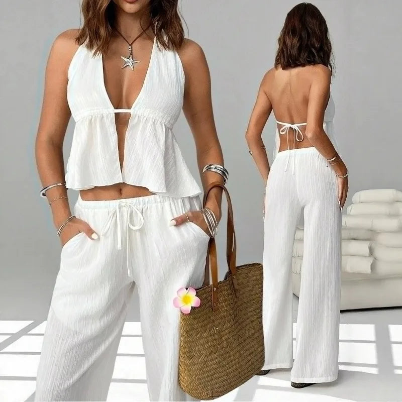 Chic Halter Backless Crop Top and Wide Leg Pants Set