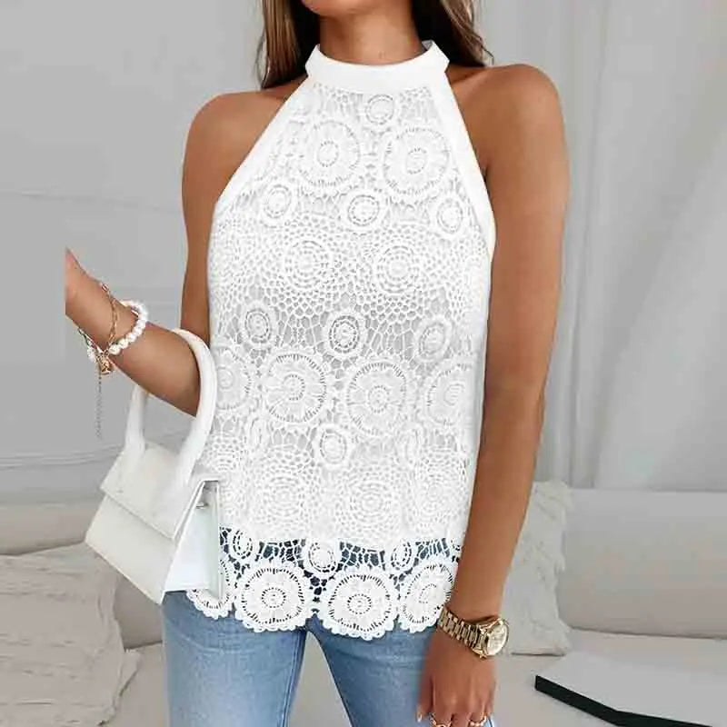 White Top Woman Y2K Halter Neck Crop Tops Sleeveless Lace T-Shirts For Women Tee Female Sexy Tank Top