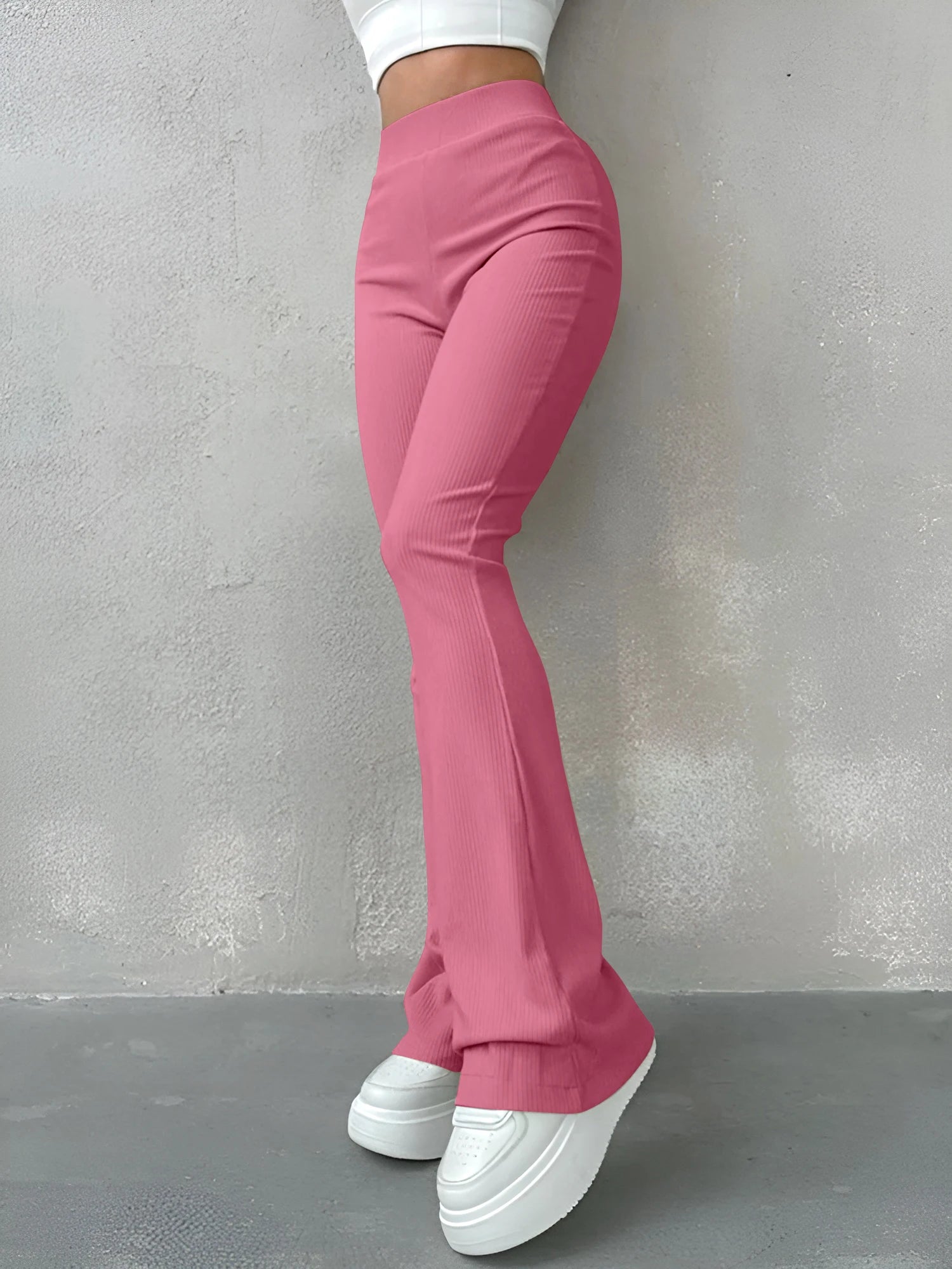 High Waisted Flared Pants for Women in Ribbed Solid Color