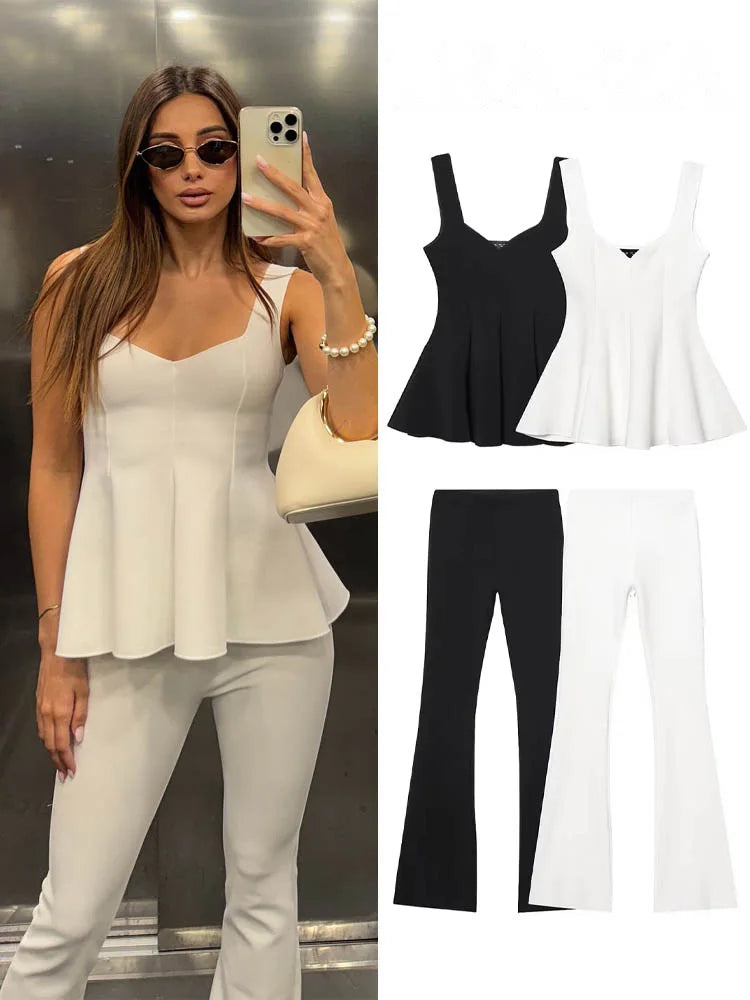 Stylish Sleeveless Top and High Waist Flare Trousers Set
