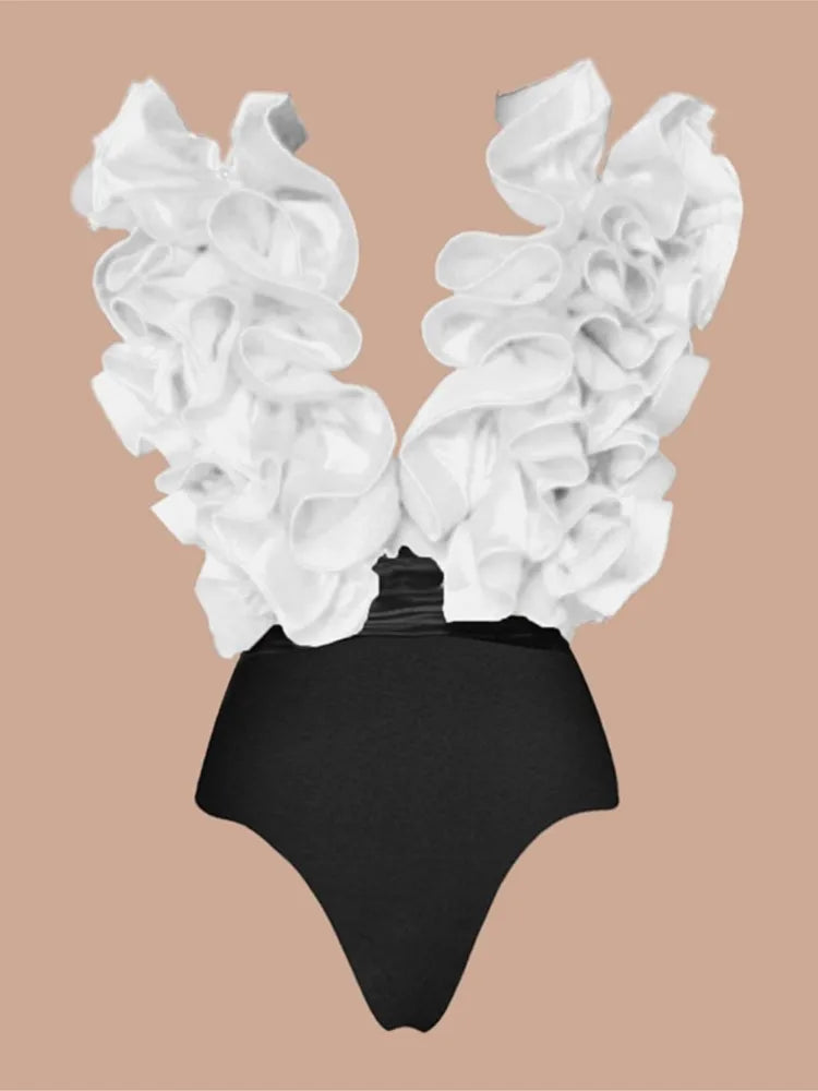 Ruffle Print Bikini Bodysuit Swimwear for Women