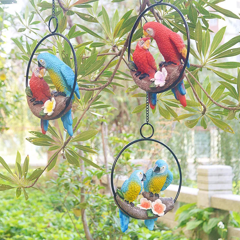 Mother Child Parrot Resin Garden Statue for Outdoor Decor