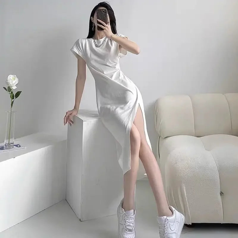 Chic White Cotton Blend Midi Dress for Women