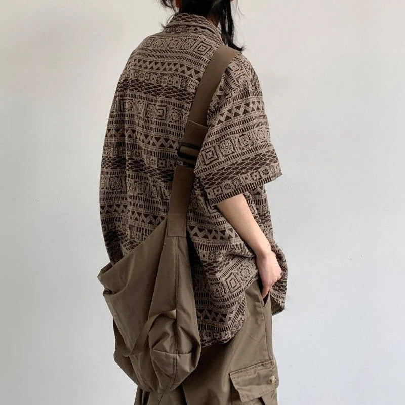 Men Trendy Japanese Style Vintage Print Harajuku Oversize Shirt Summer Casual Streetwear Y2K Short Sleeve Tops Camisas De Hombre