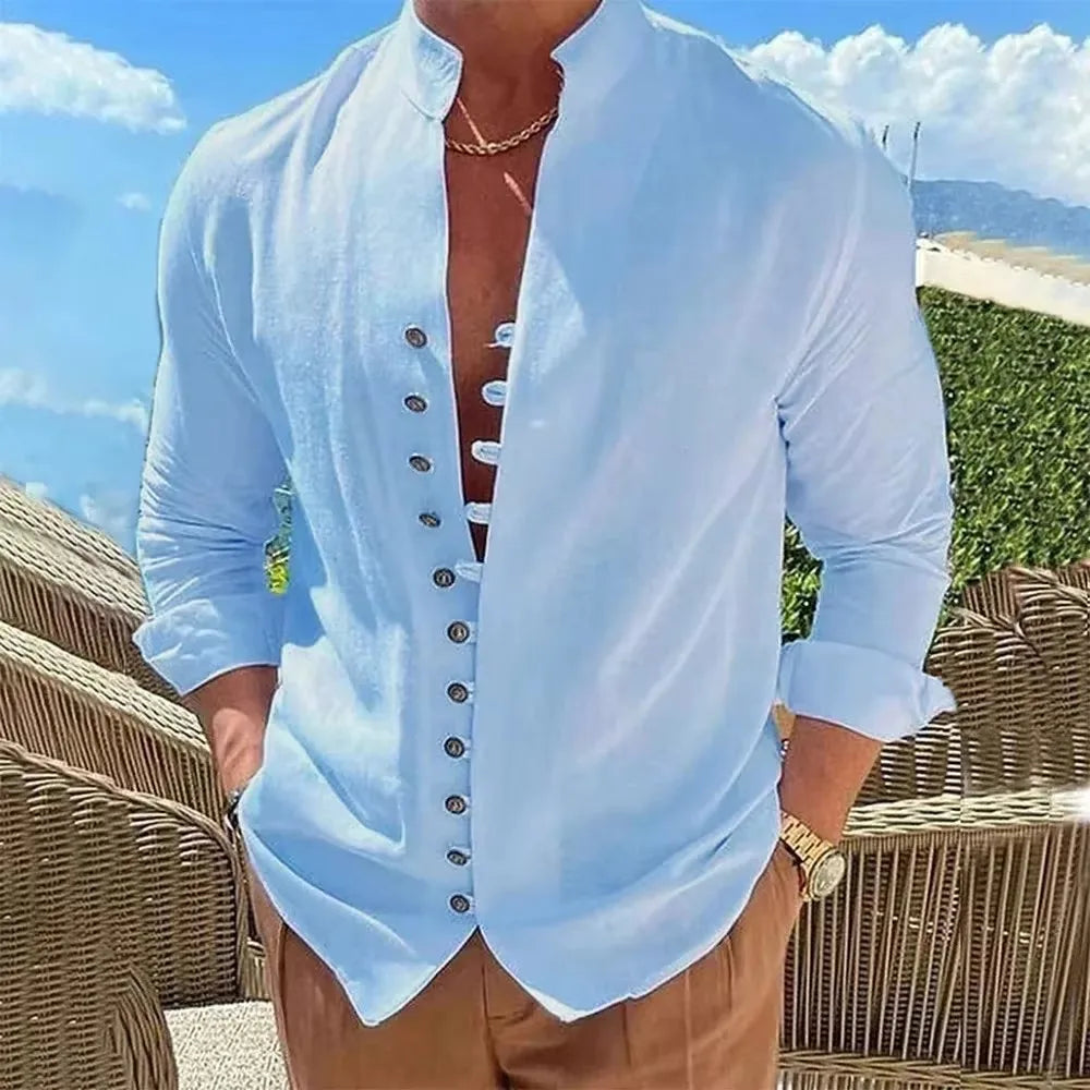 Casual Cotton Linen Shirt for Men in Solid Color