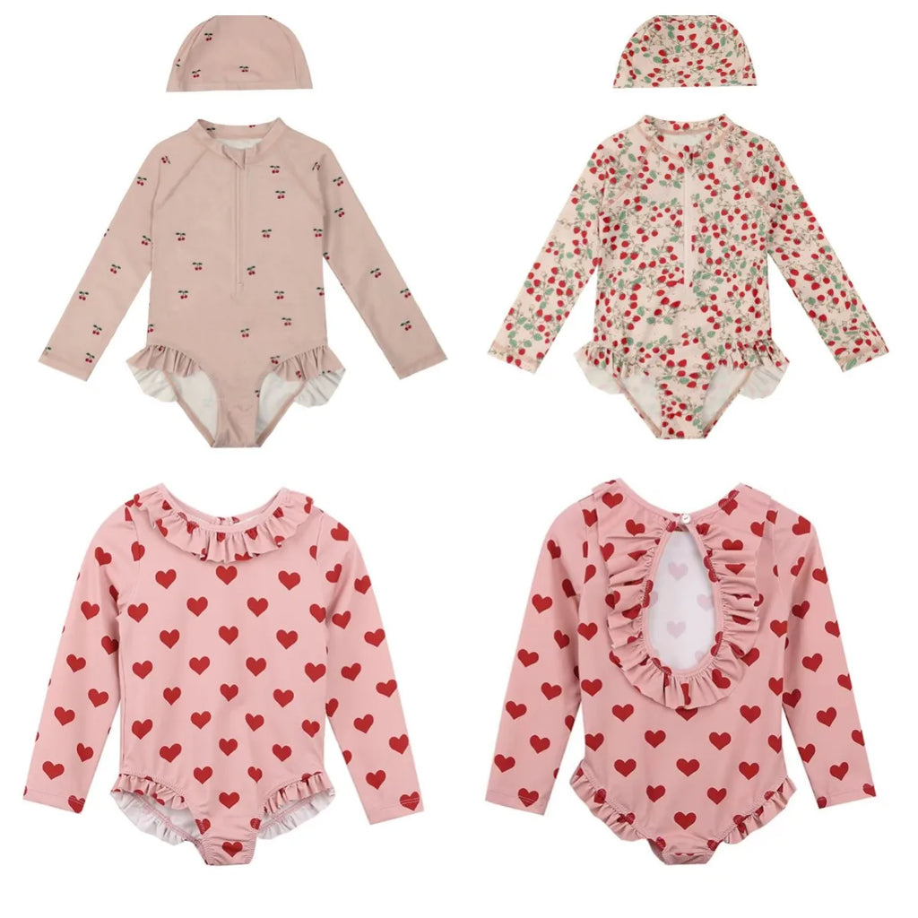 Cute Flower One-piece Long-sleeved Girls Swimsuit for Summer