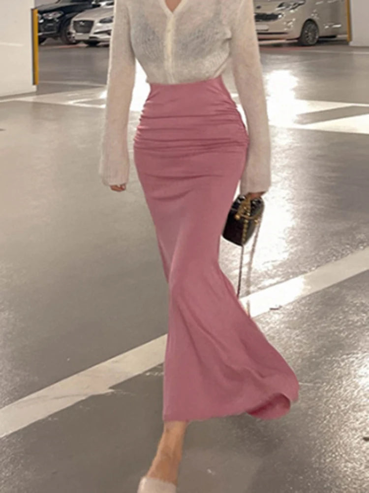 Elegant Pink A-Line Midi Skirt for Women in Satin