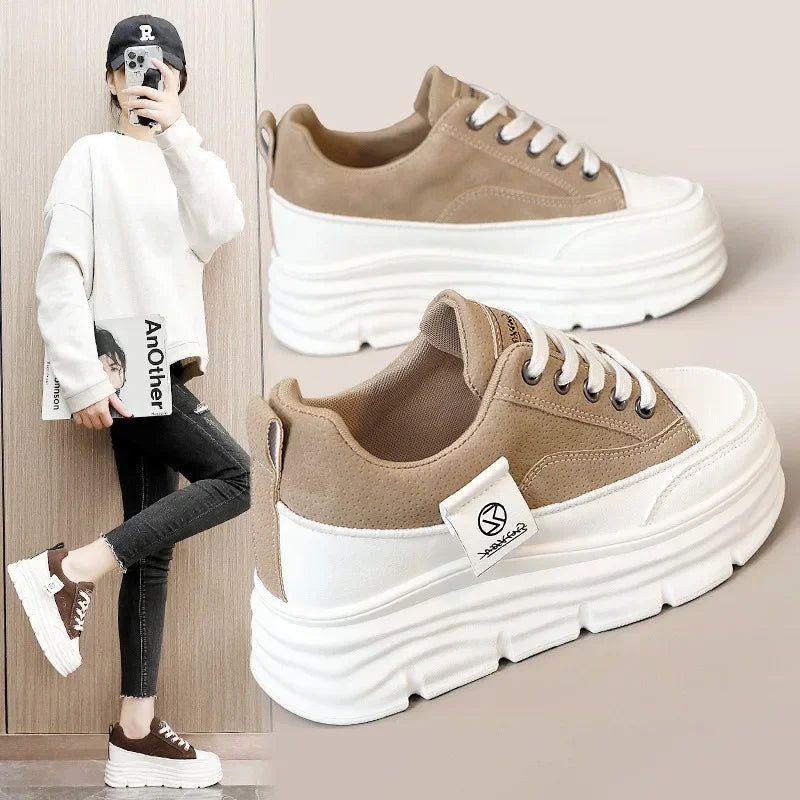 Chunky Lace-Up Sneakers for Women in Soft PU for Casual Wear