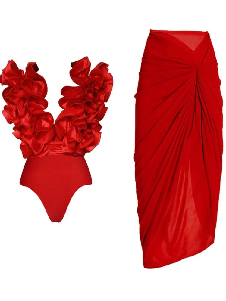 Ruffle Print Bikini Bodysuit Swimwear for Women