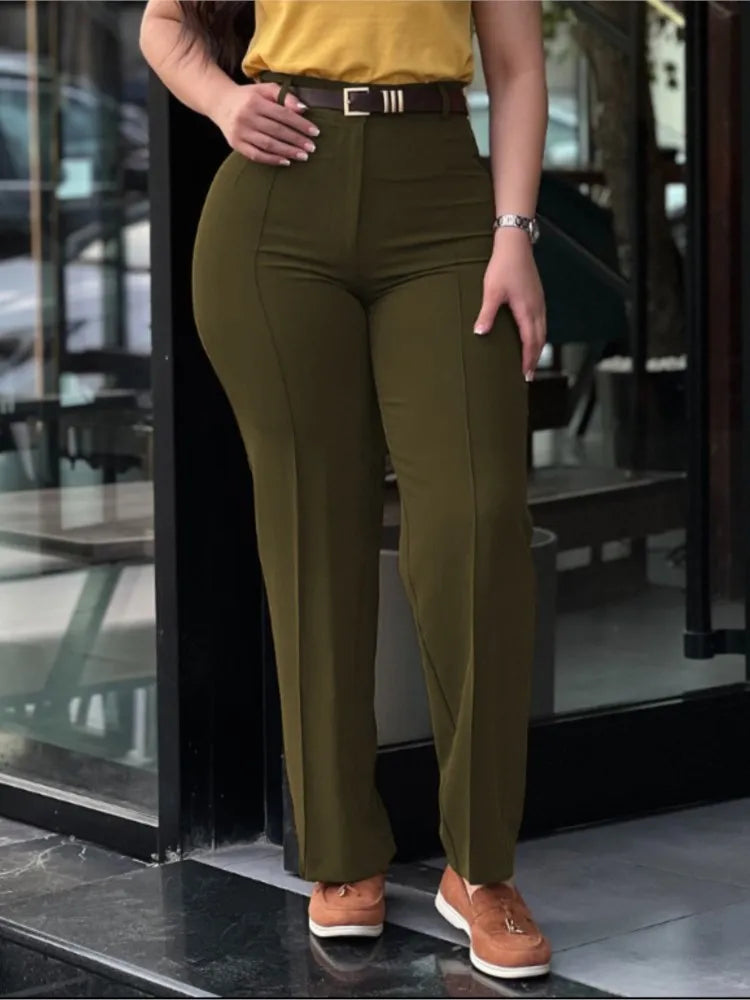 Elegant High Waist Straight Leg Women's Work Pants Polyester