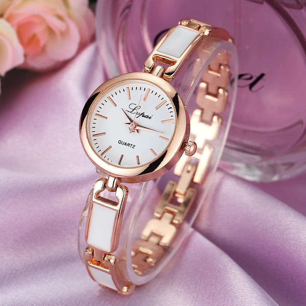 Elegant Rose Silver Quartz Bracelet Watch for Women