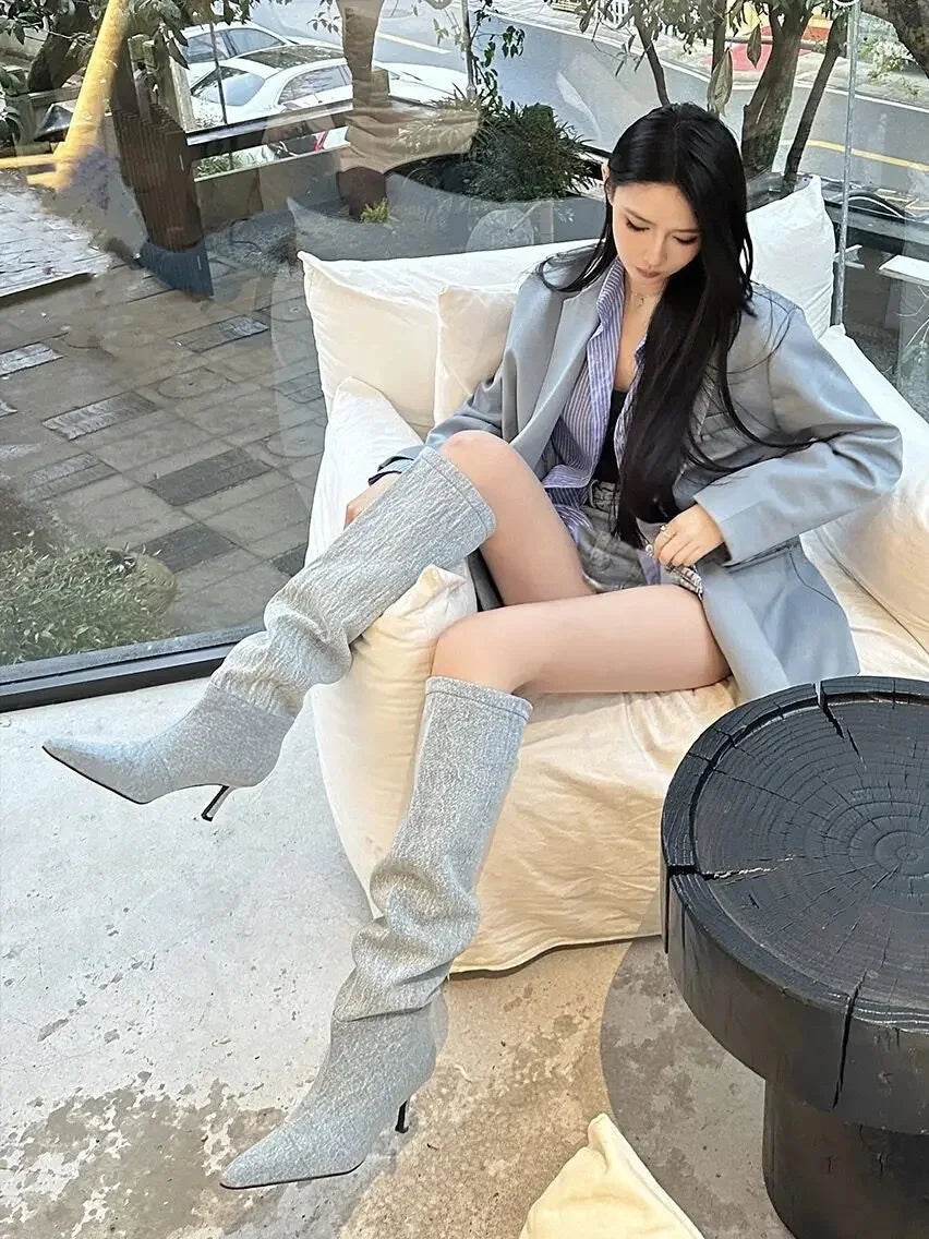 2026 New Women Shoes Fashion Stack Canvas Cowboy Boots for Woman Exquisite Pointed Tip Knee High Boot Designer Shoes Botas Mujer