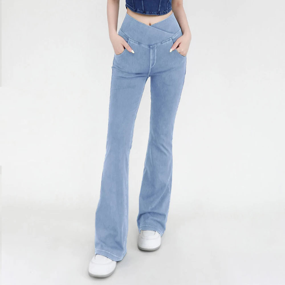 Flared Yoga Jeans for Women with Elastic Waist Design