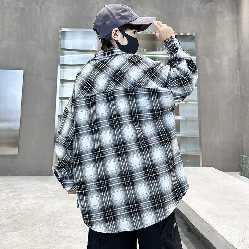 Boys Long Sleeve Plaid Shirt in Black and White for Kids
