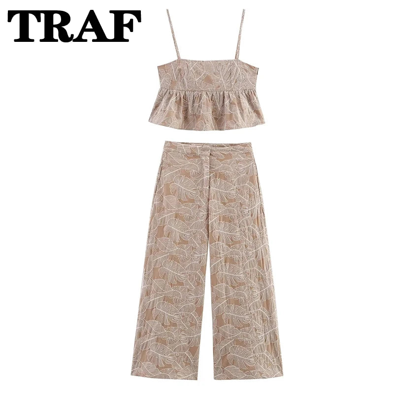 Klkxmyt Women Embroidery Crop Top and Wide Leg Trousers Set
