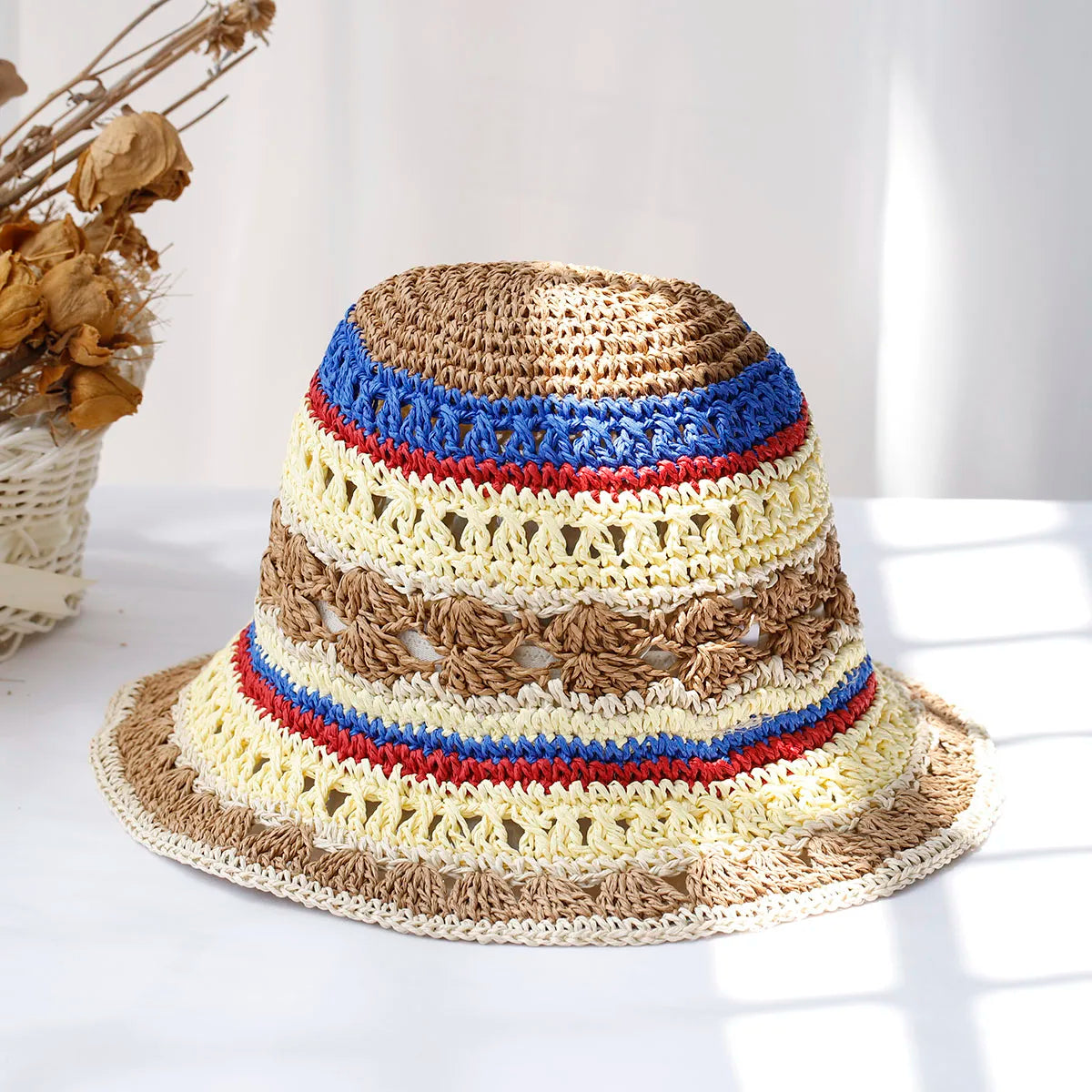 Multicolor Straw Bucket Hat for Women - Casual Summer Style