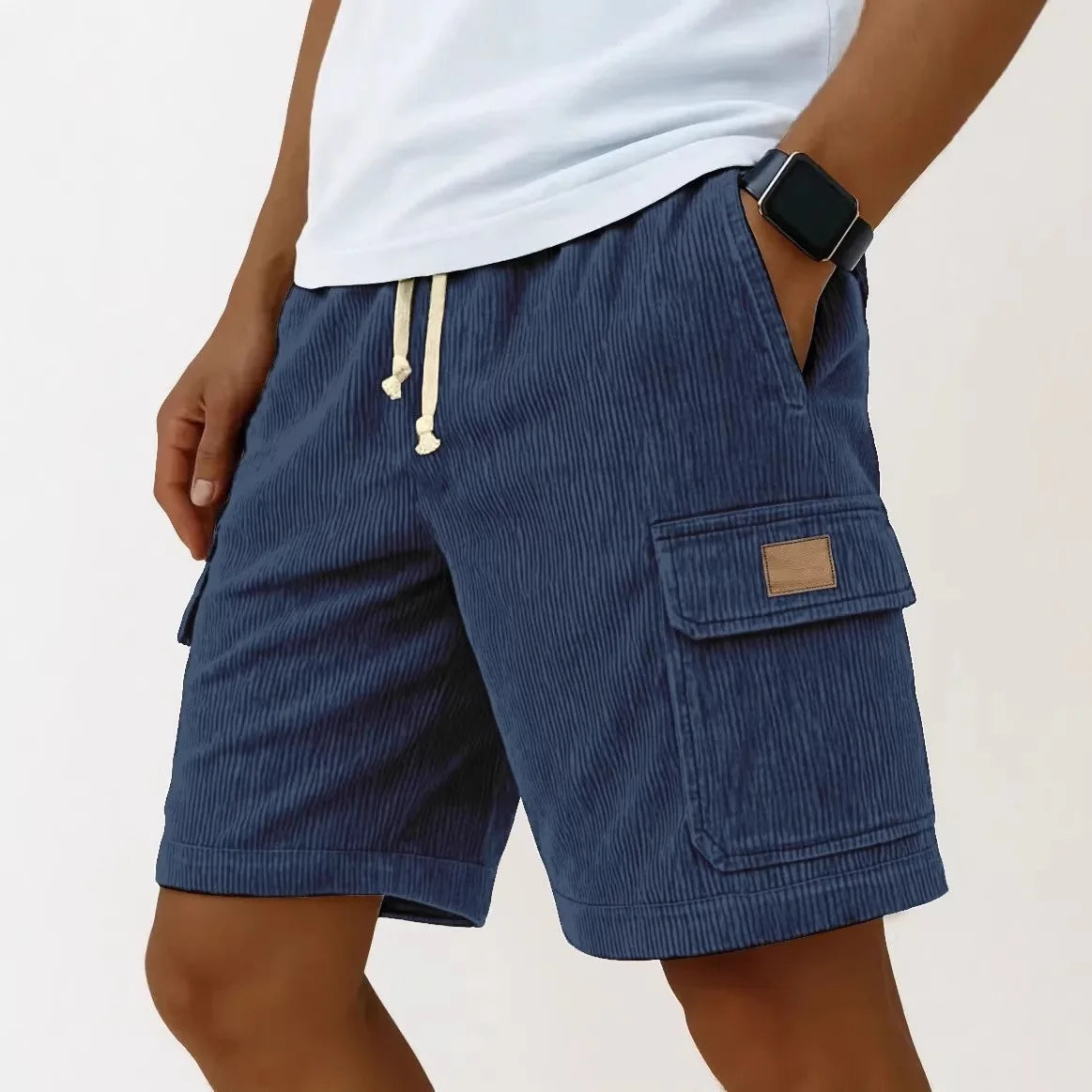Men's Workwear Shorts Summer Casual Corduroy Loose Elastic Waist Multi-Pocket Leisure Pants Embroidery Retro Style Male Trousers