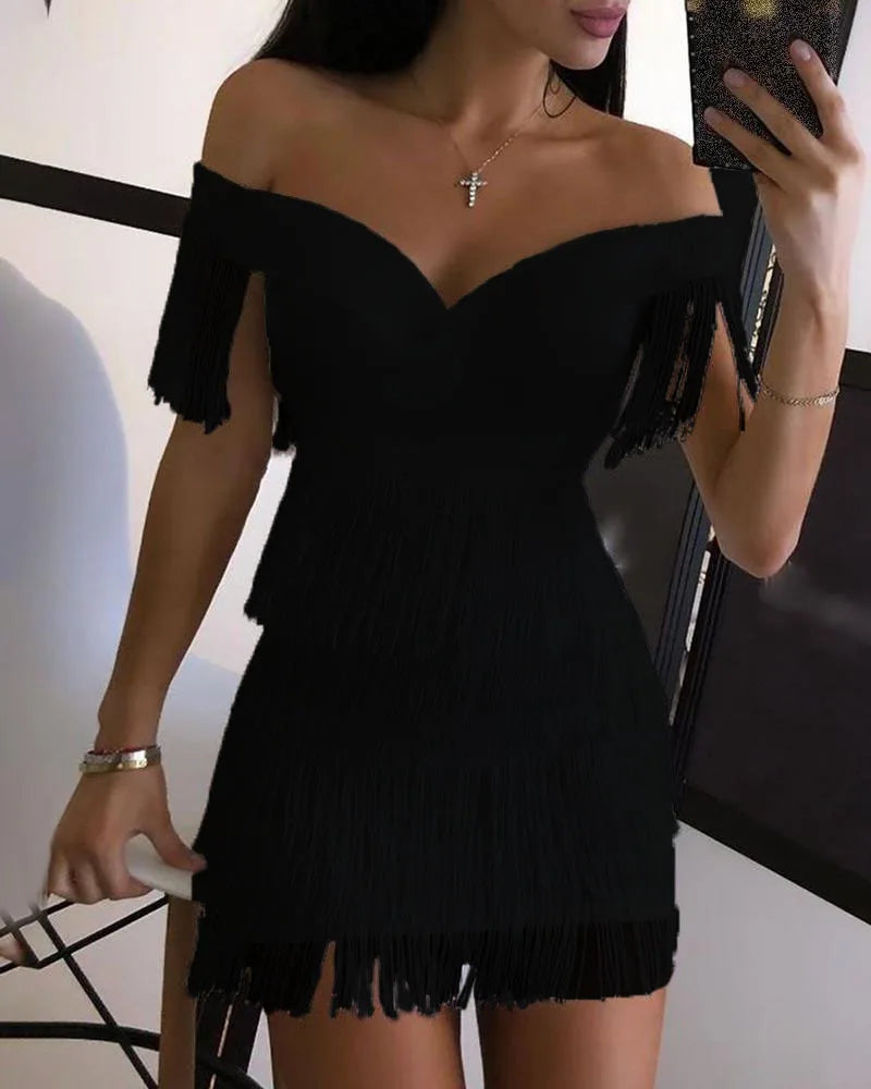 Elegant One-shoulder Fringed Skirt Dress for Women