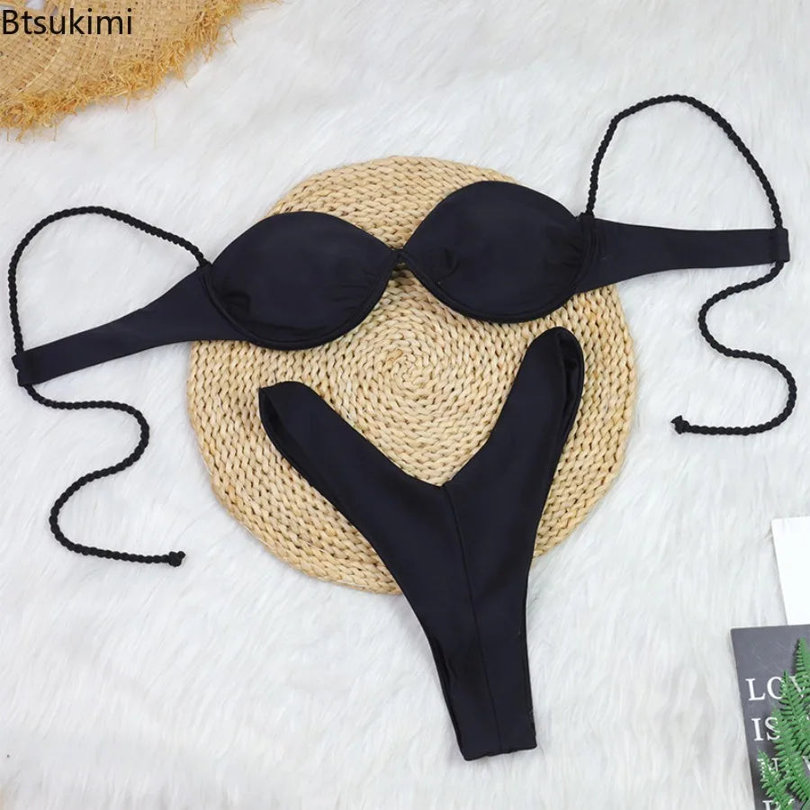 Btsukimi Women's Micro Bikini Set in Solid Colors for Summer