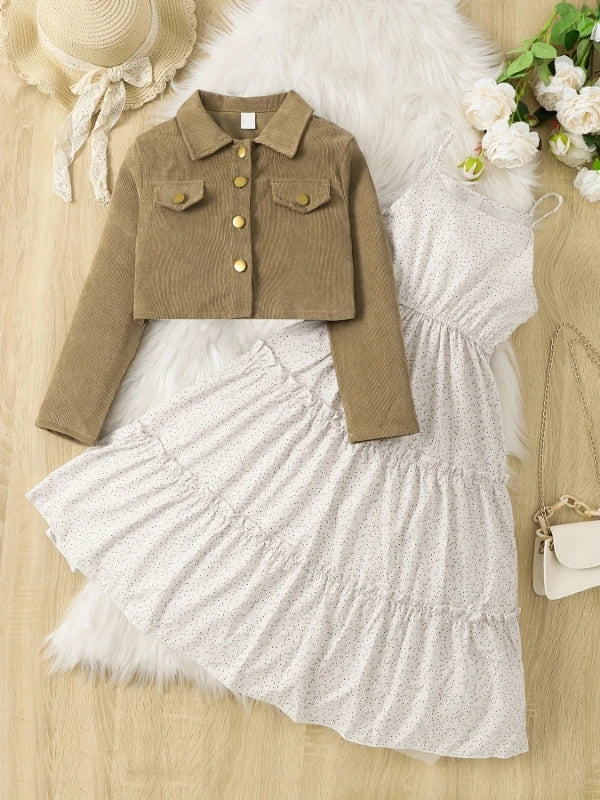Khaki Corduroy Two-Piece Set for Girls Ages 7-13