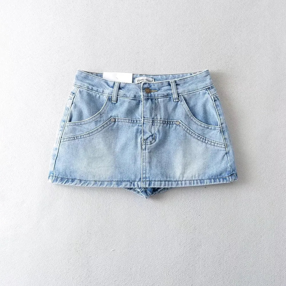 Women High Waist Denim Mini Skirt with Pockets