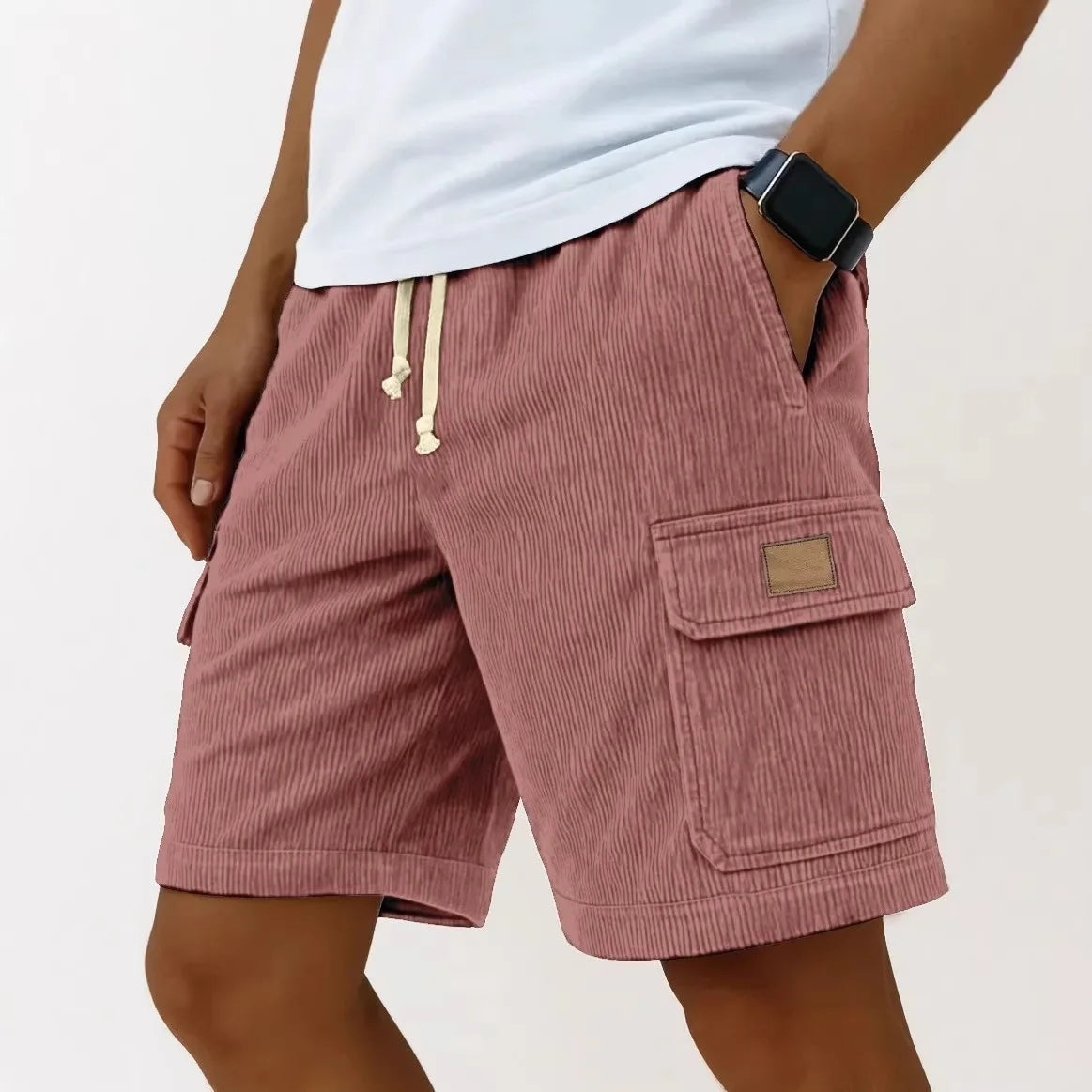 Men's Workwear Shorts Summer Casual Corduroy Loose Elastic Waist Multi-Pocket Leisure Pants Embroidery Retro Style Male Trousers