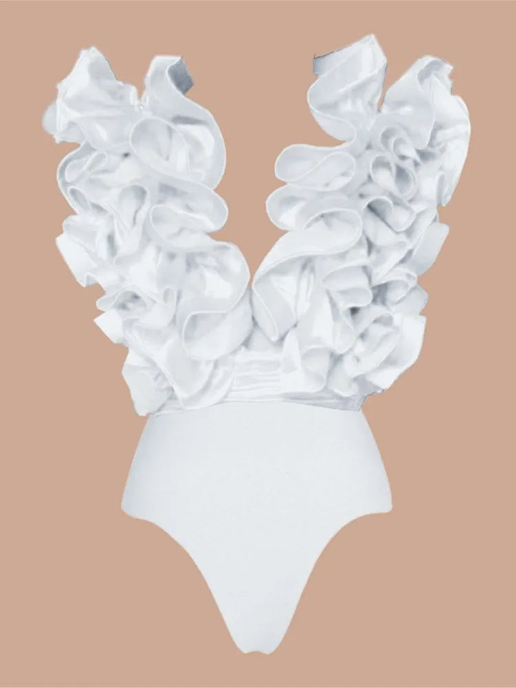 Ruffle Print Bikini Bodysuit Swimwear for Women
