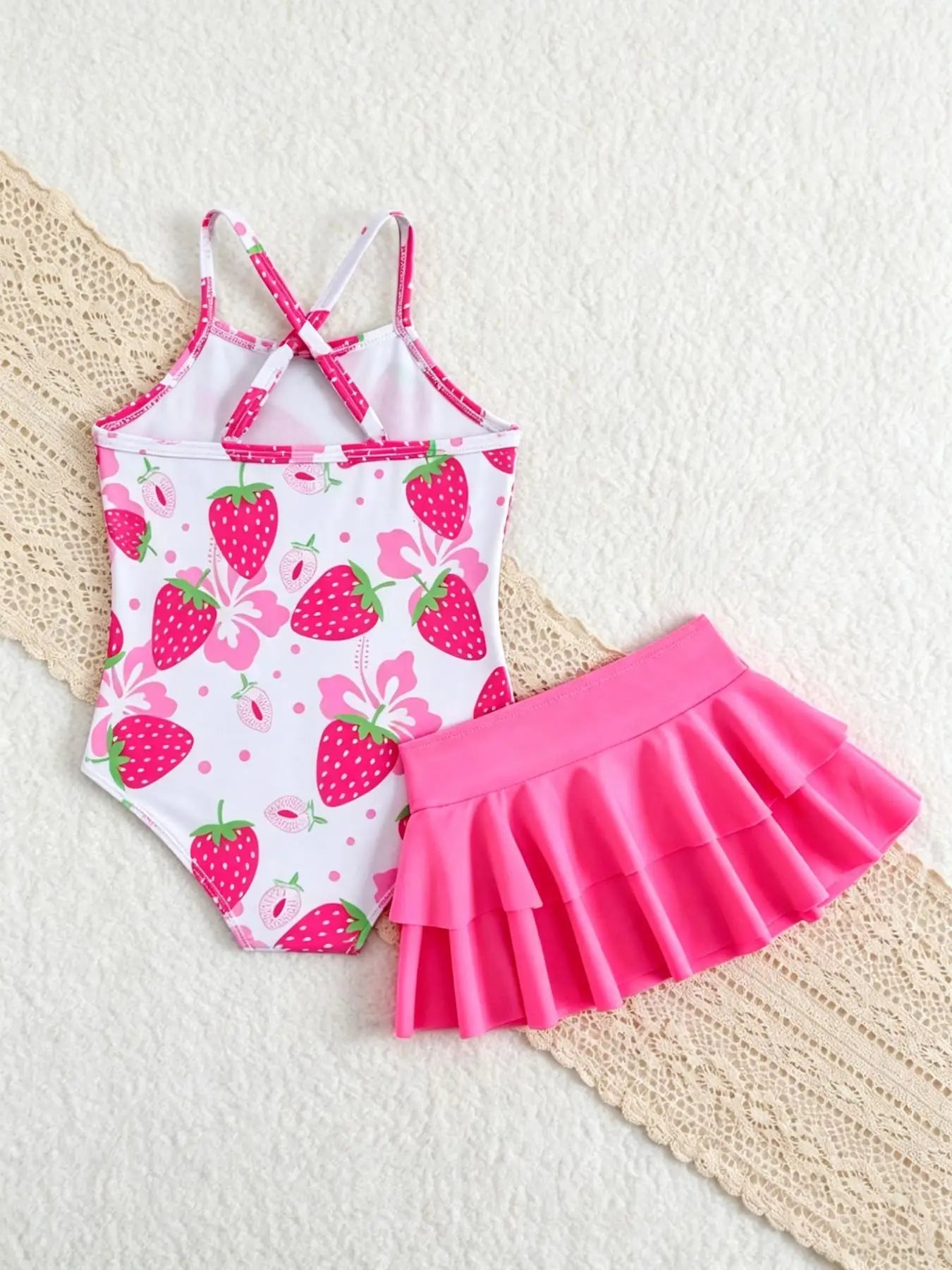 Girls' Strawberry Print One-Piece Swimsuit and Skirt Set