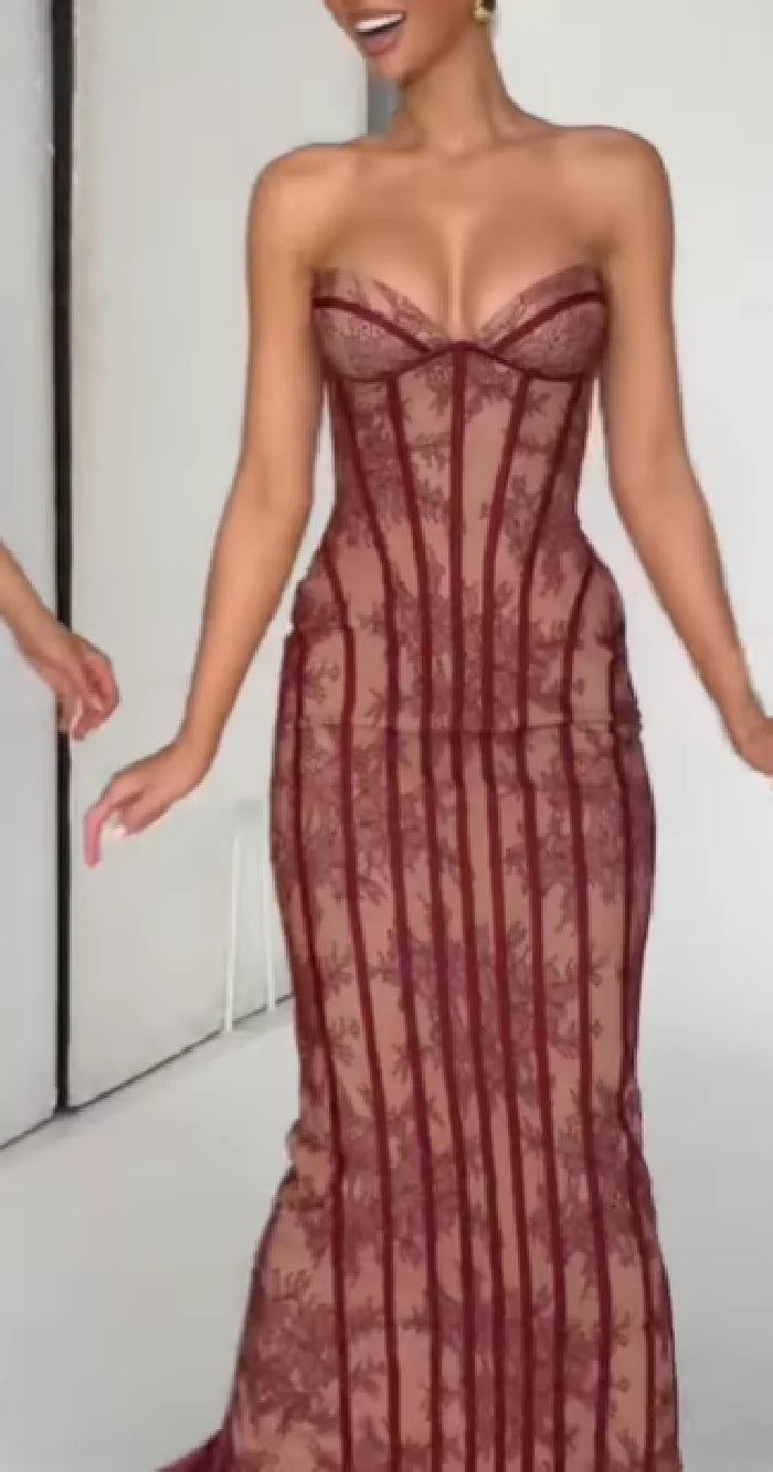 Elegant Floral Lace Strapless Slim Fit Dress for Women