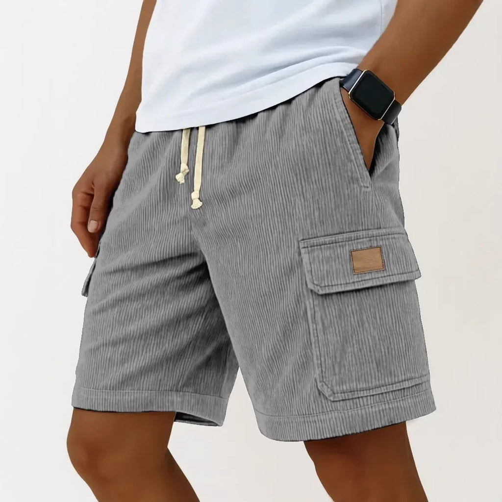 Men's Workwear Shorts Summer Casual Corduroy Loose Elastic Waist Multi-Pocket Leisure Pants Embroidery Retro Style Male Trousers