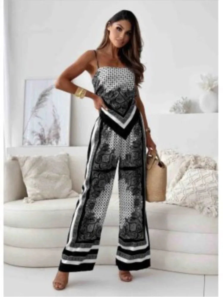 Chic Boho Print Spaghetti Strap Two Piece Set for Women