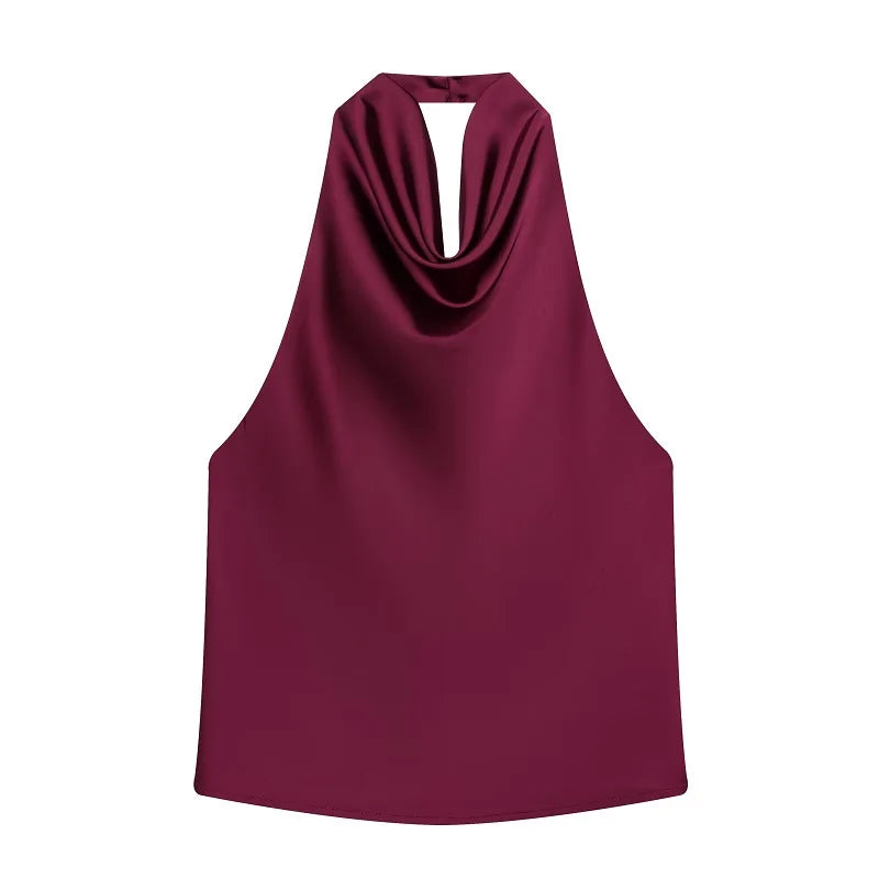 MUJER Black Satin Backless Halter Top for Women Summer Nights