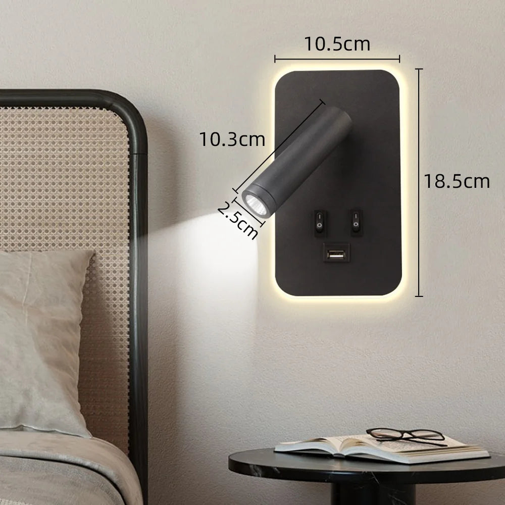 Modern LED Wall Lamp for Bedroom Reading in Black Plastic
