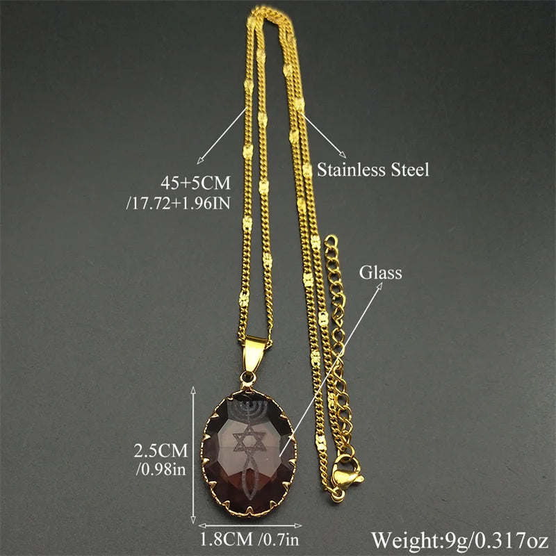 Gold Glass Menorah Star David Necklace for Unisex Fashion