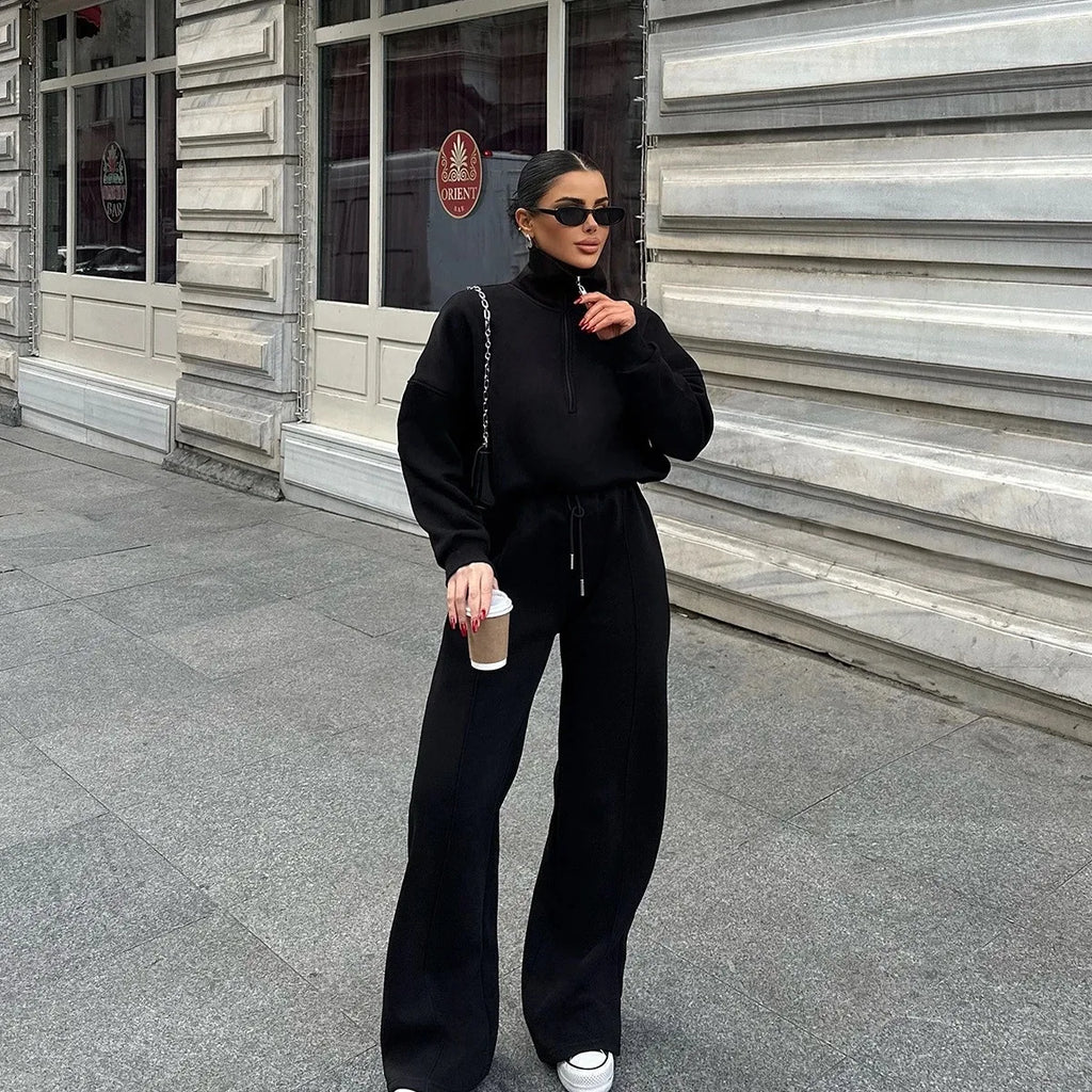 Solid Color Pullover Sweatshirt and Trousers Set for Women