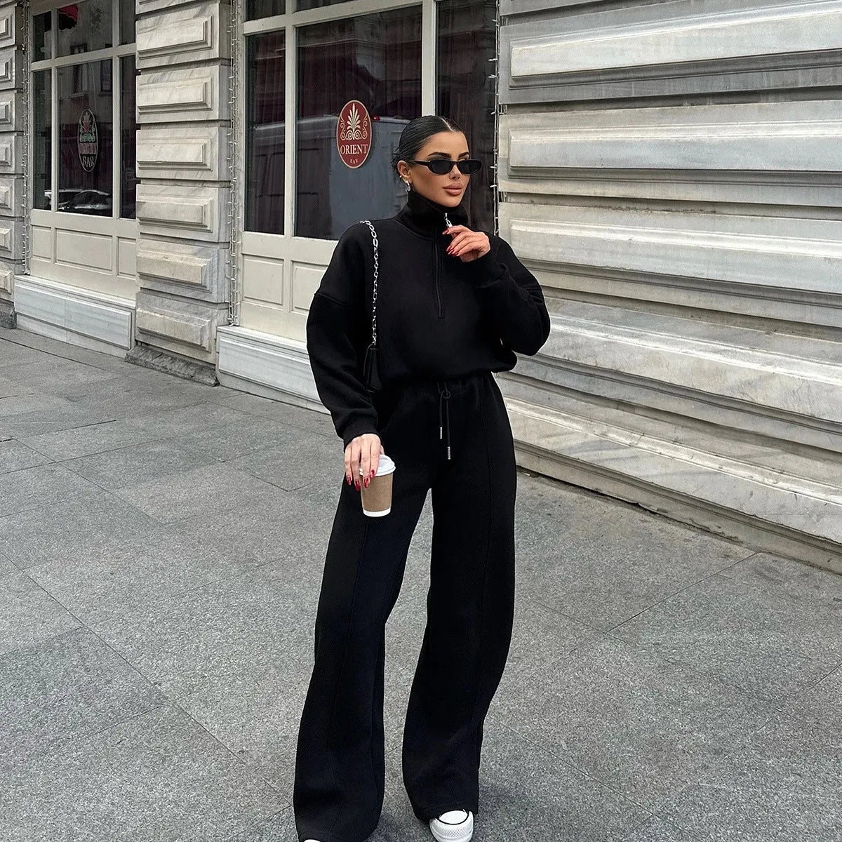 Solid Color Pullover Sweatshirt and Trousers Set for Women