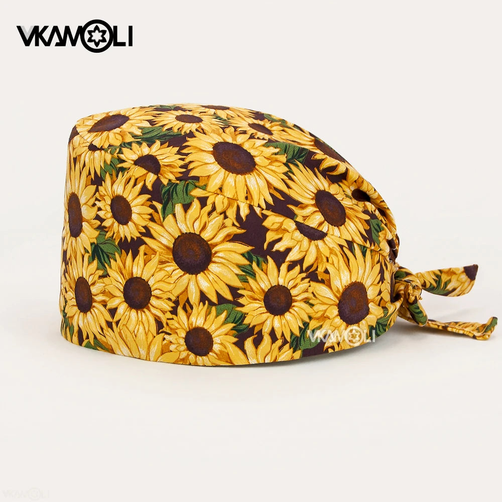 Adjustable Cotton Flower Print Scrub Caps for Women and Men