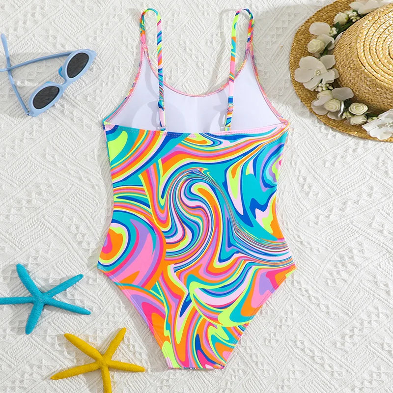 Fashionable Blue One-Piece Girls Swimsuit for Ages 8-12