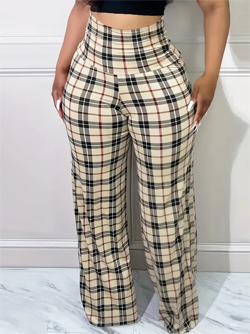 Women's High Waist Plaid Wide Leg Pants for Casual Wear