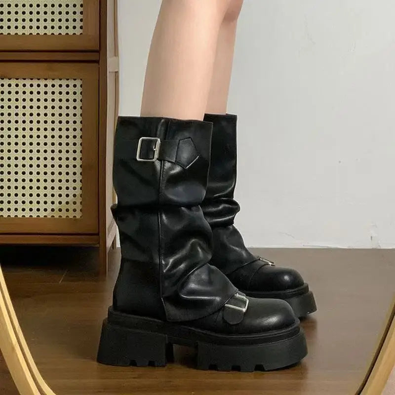 Mid-Calf Women's Platform Boots with Buckle and Side Zip