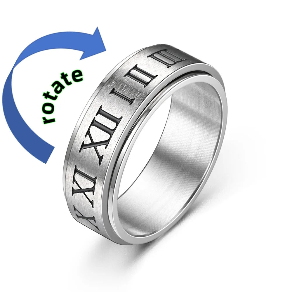 Fashionable men's rotating ring with niche design, stress relieving and anti anxiety casting, Roman numeral rotatable ring