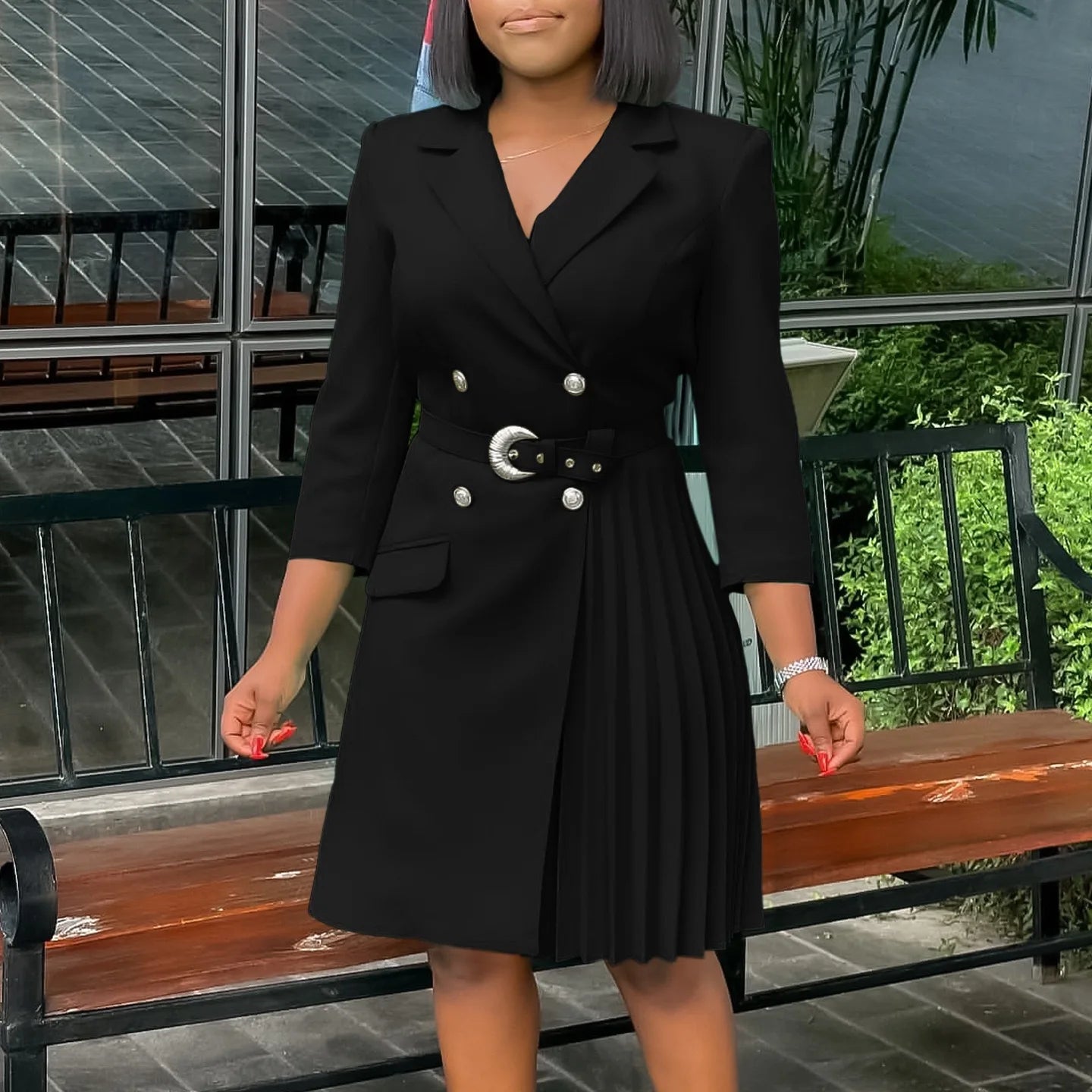 Mid Calf Pleated Dress for Women in Comfortable Polyester